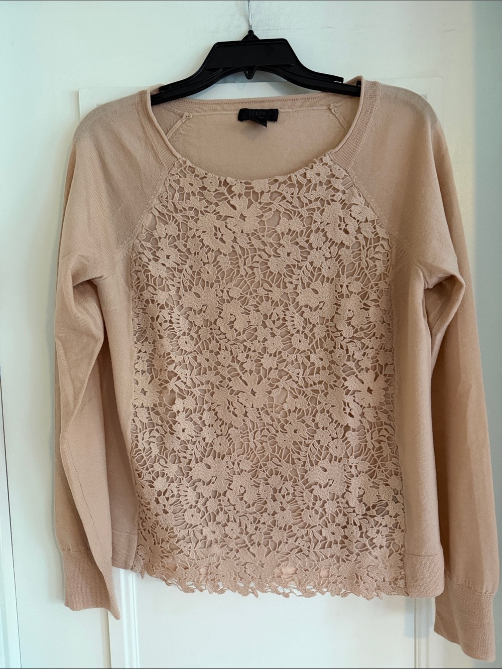 J. Crew Neutral Blush Lace-Front Crewneck Sweater